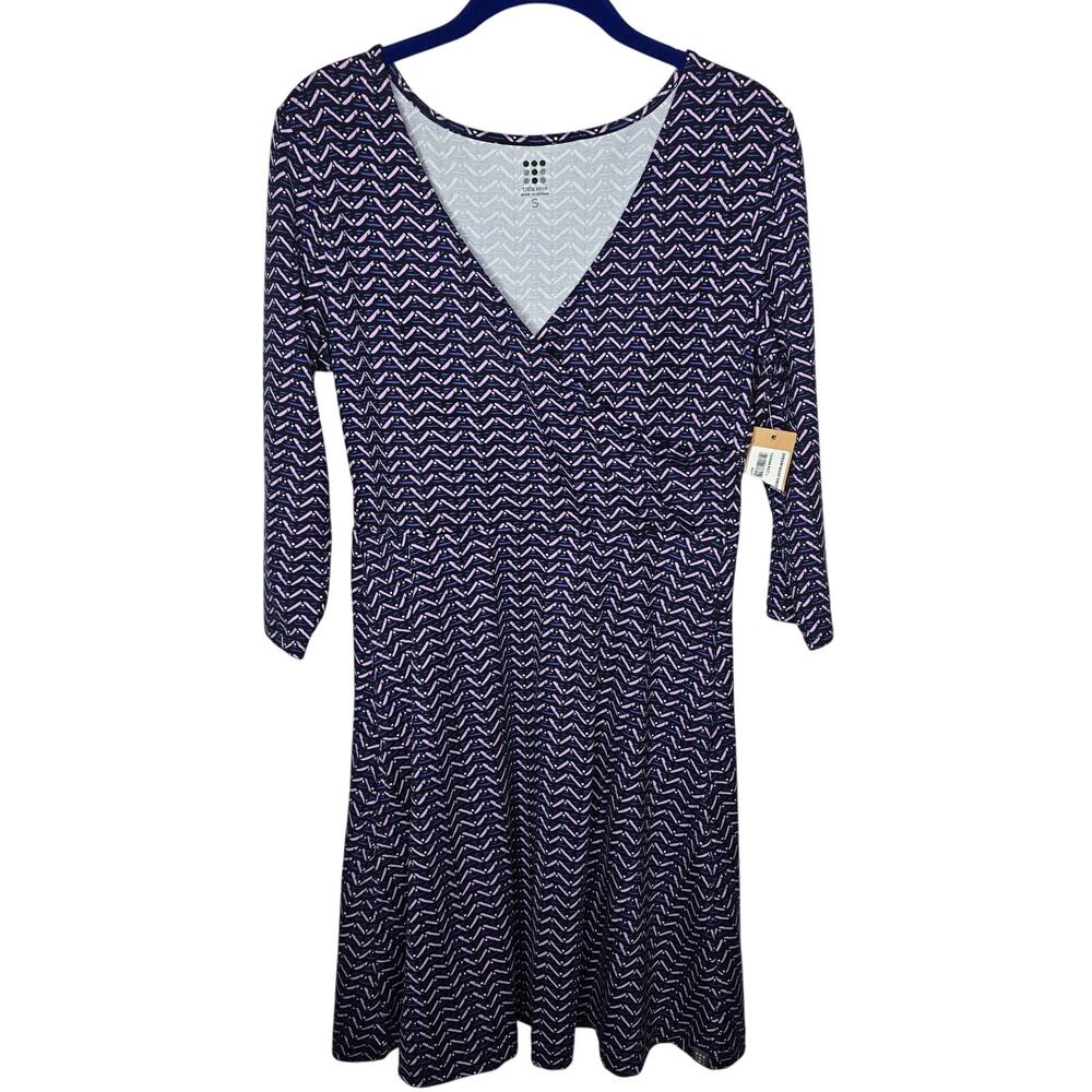 Title Nine Blue Pink Black 3/4 Sleeve Faux Dream Wrap Dress Size Small NWT